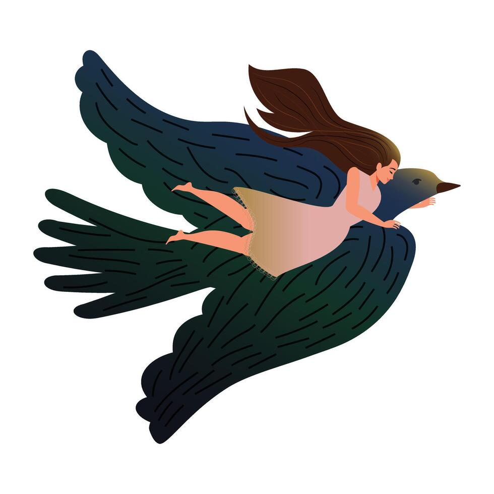 Woman holding tightly to bird of peace and hope flying to dreams isolated on white background. vector
