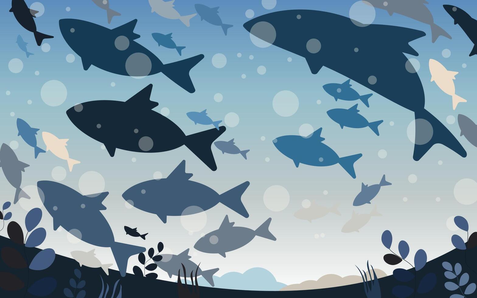 Marine life of different species of fish swimming in deep water, bottom view. vector