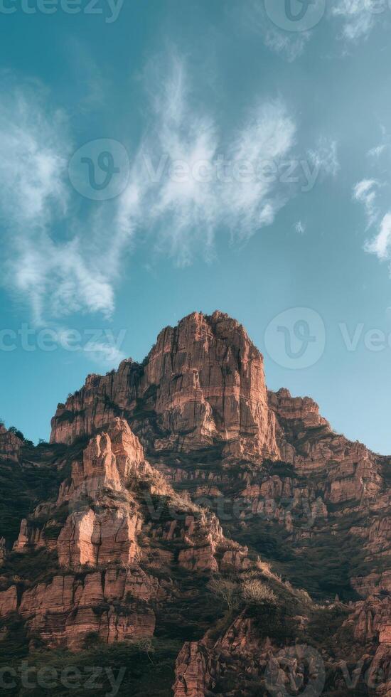 A mountain with red rocks and blue sky photo