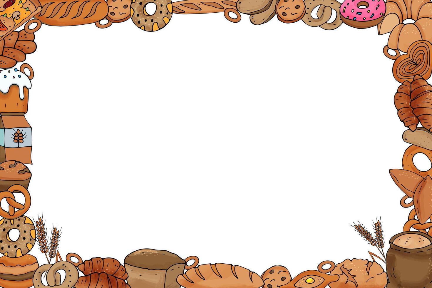 colorful horizontal frame of bread, buns, pies and pastries. vector
