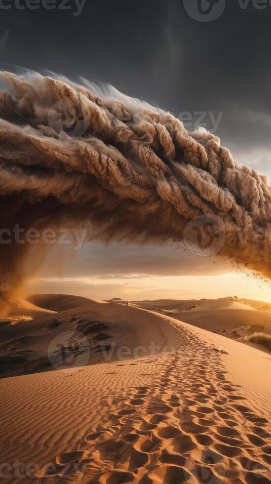 A sand dune is blowing in the wind at sunset photo