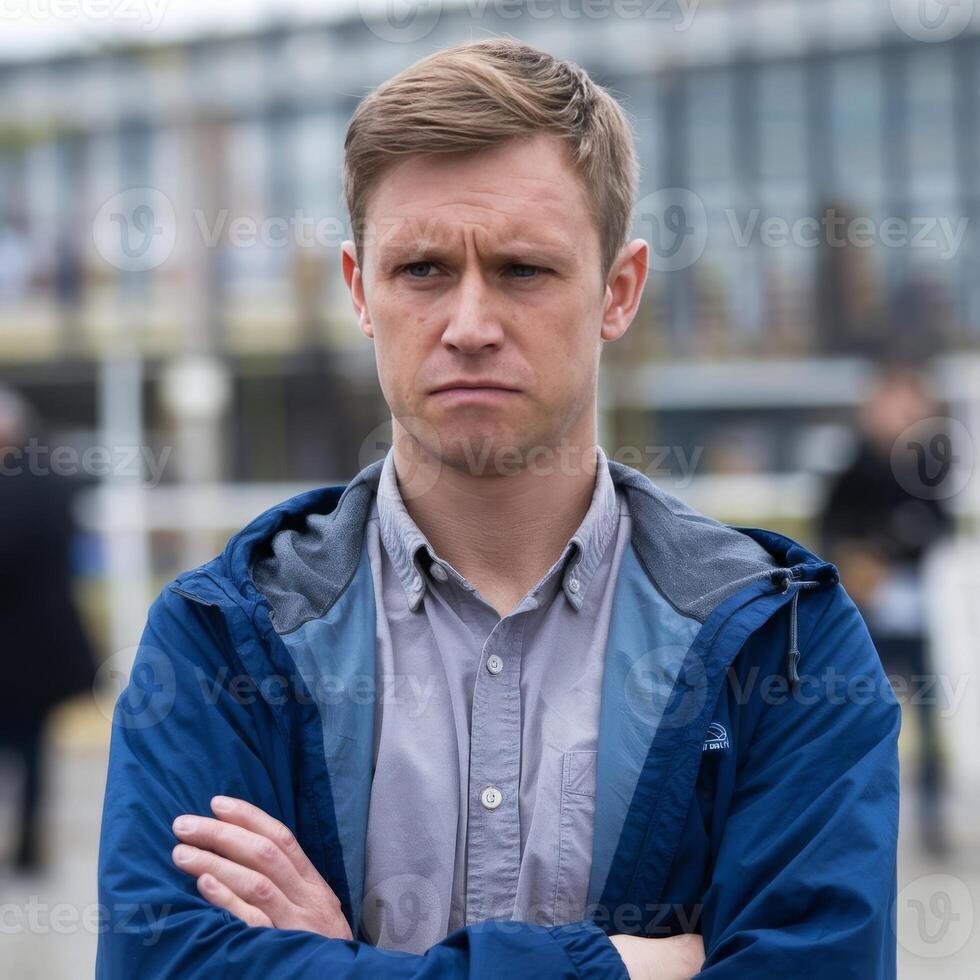 A man with his arms crossed standing in front of a crowd photo