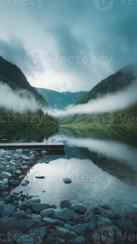 A lake surrounded by fog and rocks photo
