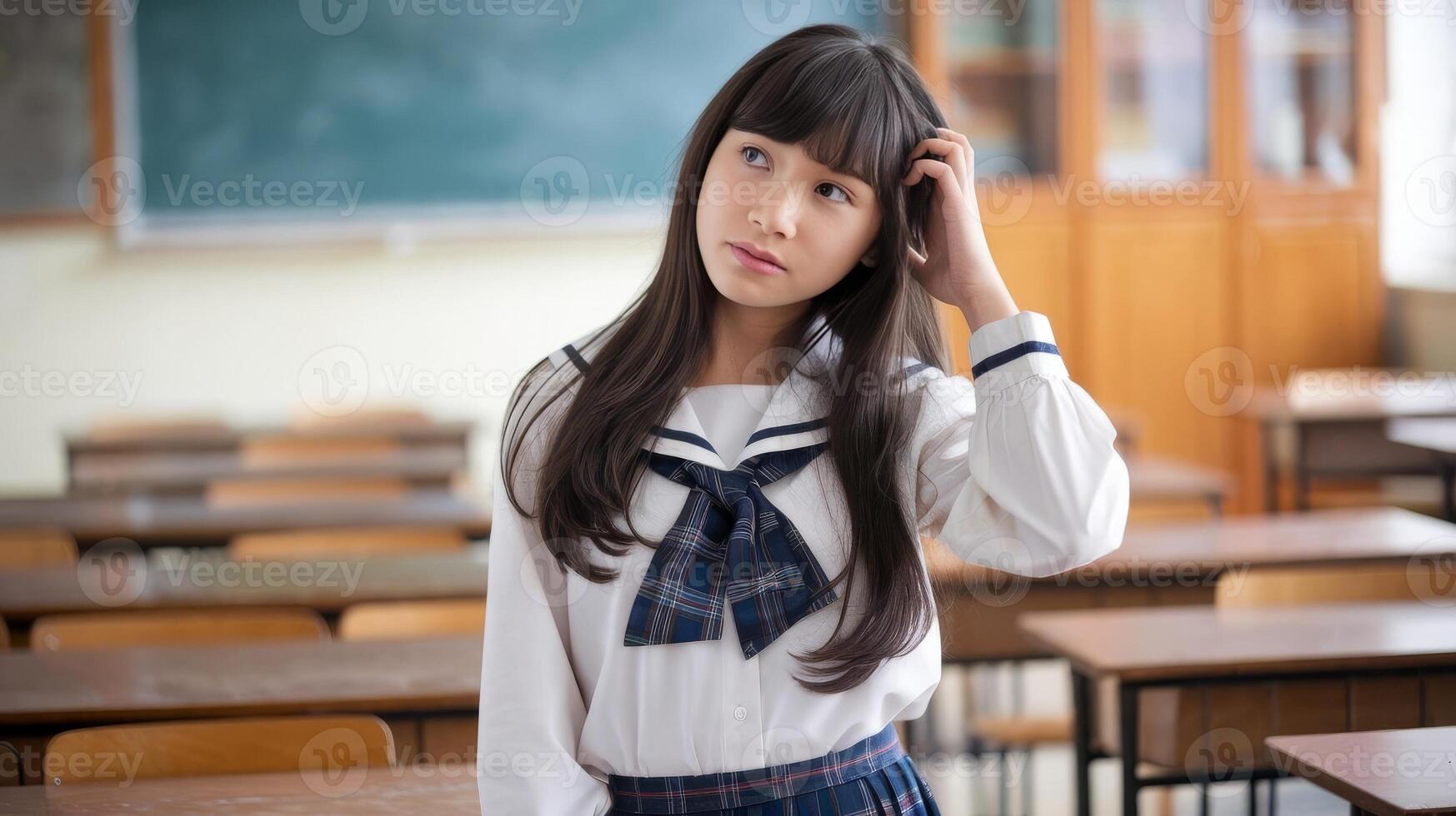 A young girl in school uniform standing in front of a chalkboard photo