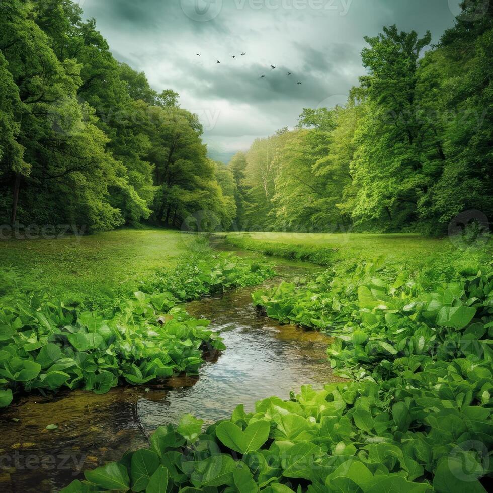 A stream runs through a green forest with trees and birds photo
