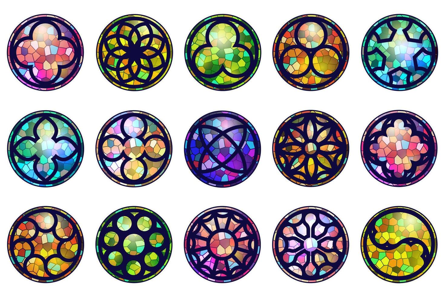 Gothic circle rose window with medieval ornament. Cathedral and castle rosettes on white background. Christian architecture elements with color stained glass. Radial frames set. vector