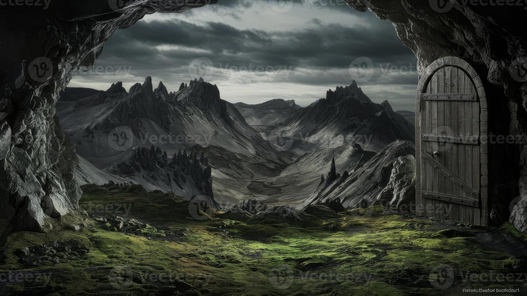 A door to a cave with a mountain in the background photo