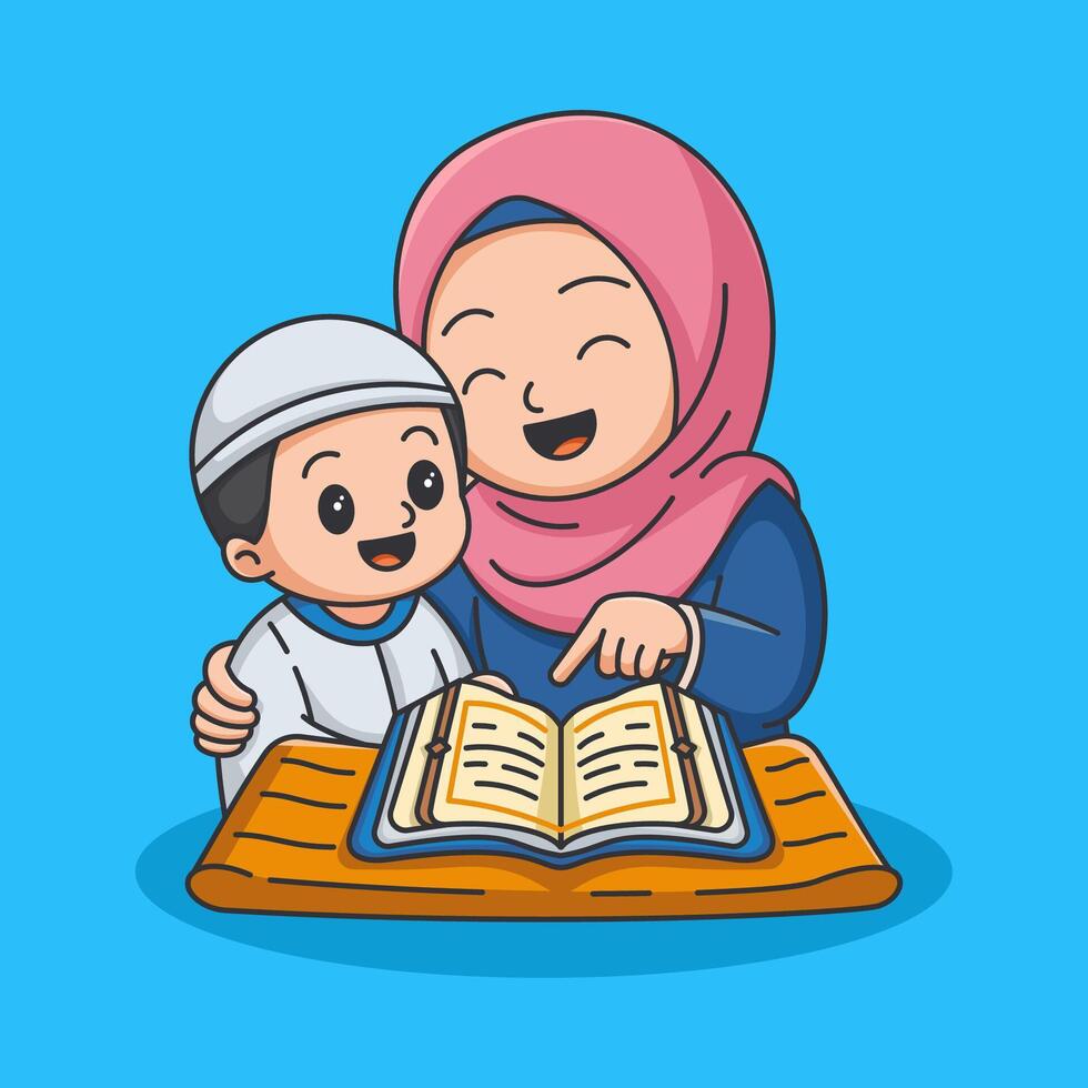 1Mother and Son Learning the Quran Together in a Cute Cartoon Style vector