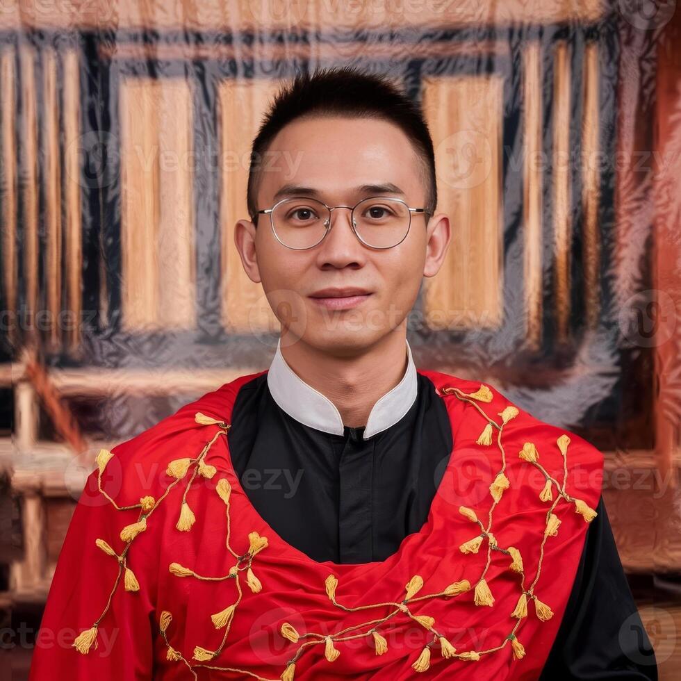 A man in a red robe and glasses photo