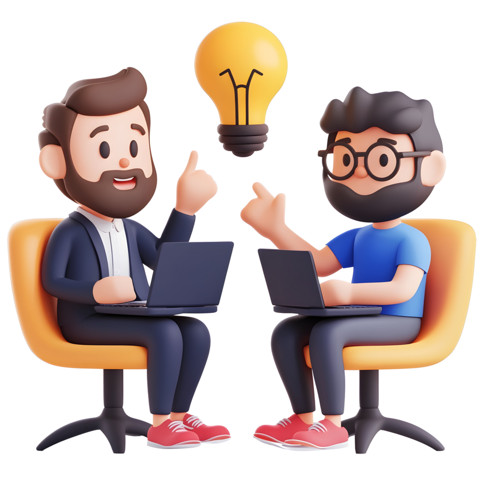 Two men sitting on chairs with laptops and an idea bulb png