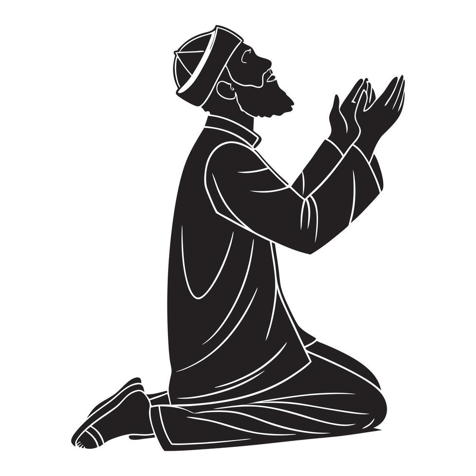 a black and white illustration of a Muslim man praying white background. vector