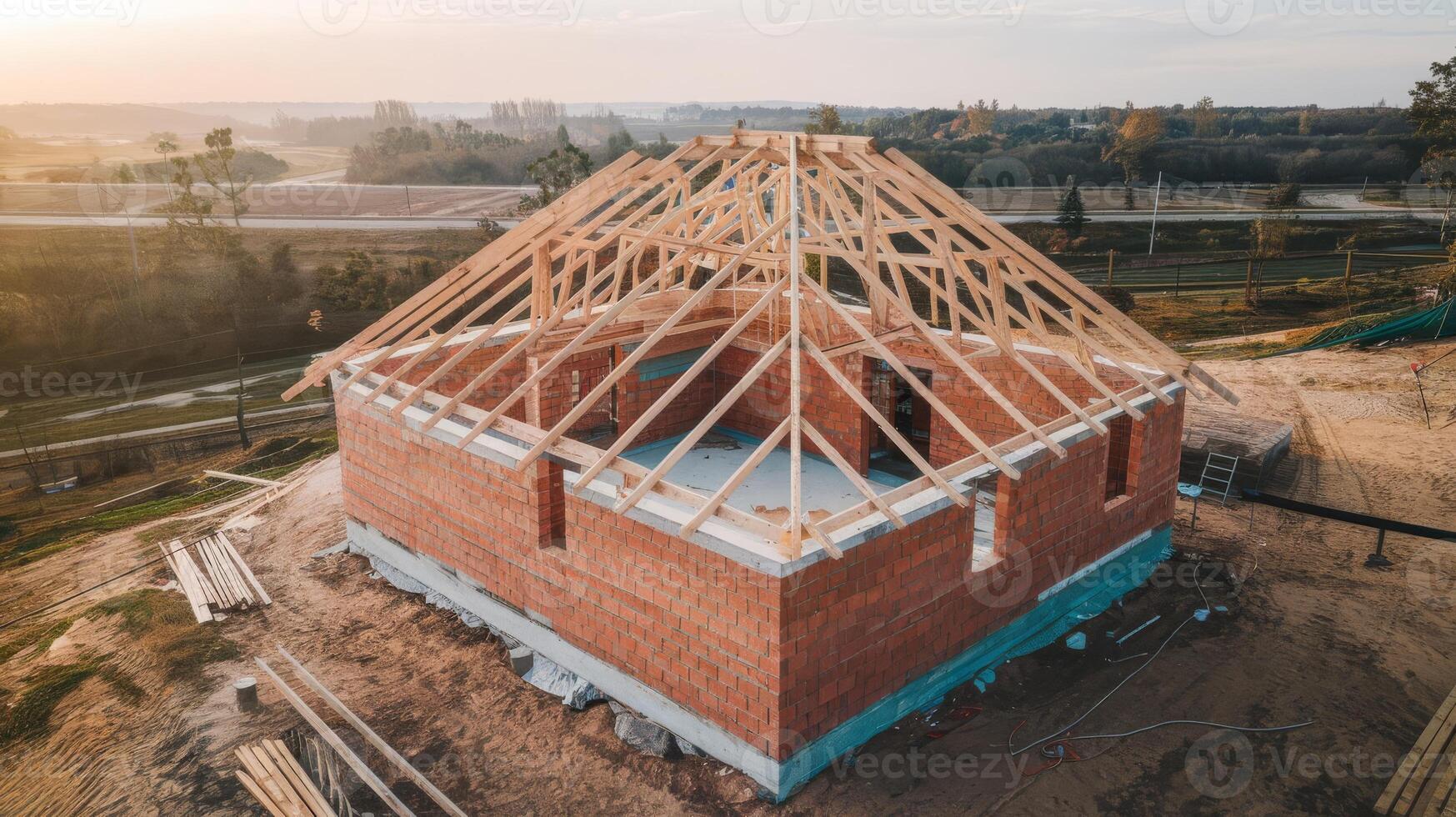 A brick house being built with wooden beams photo