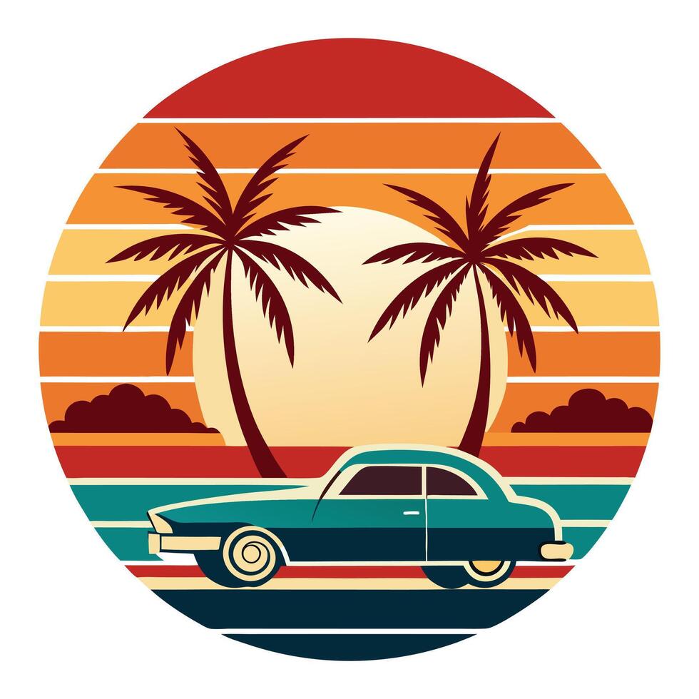 retro car on the beach with palm trees and sunset illustration vector