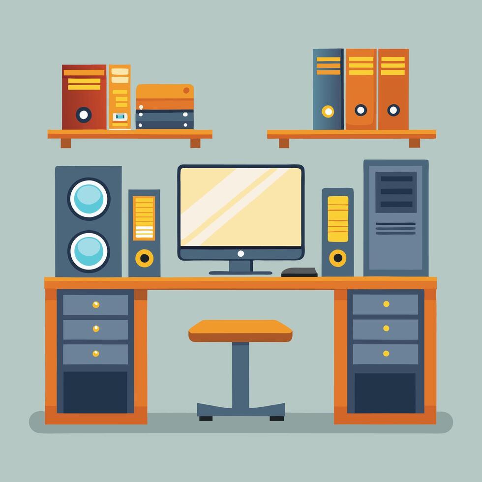 computer desk with speakers and other items vector
