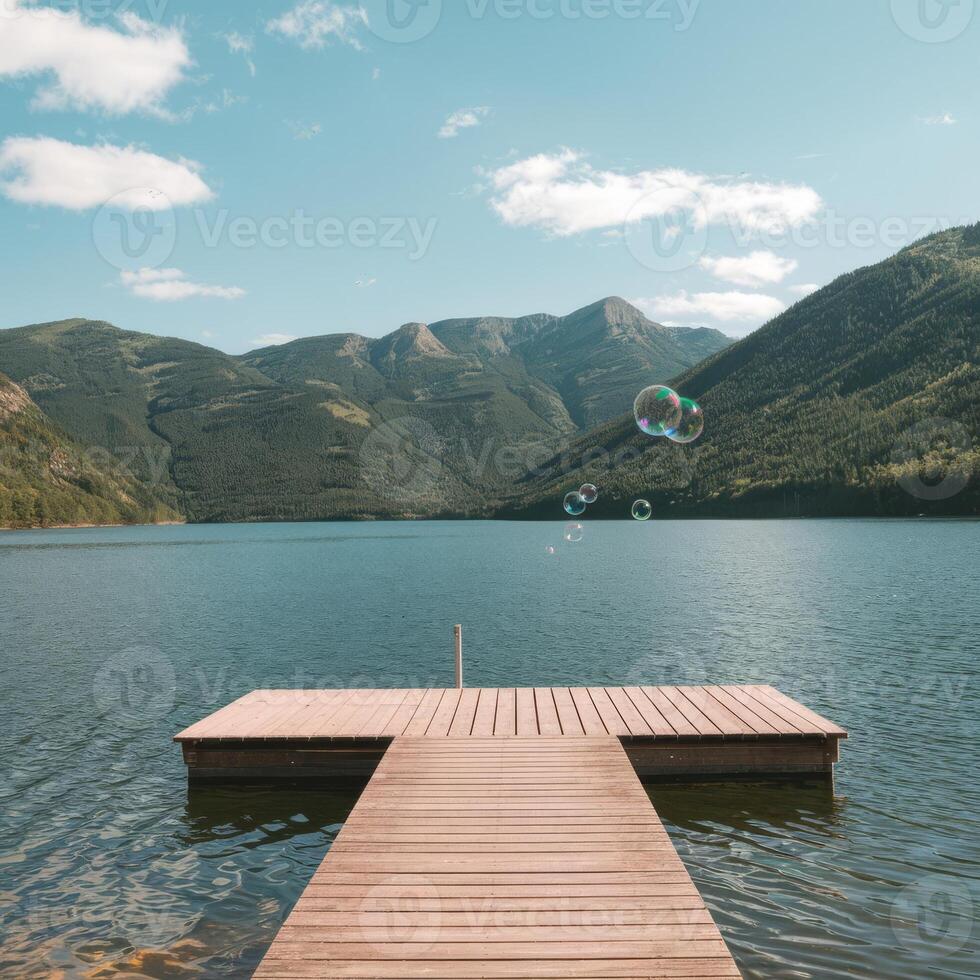 A wooden dock with bubbles floating in the water photo