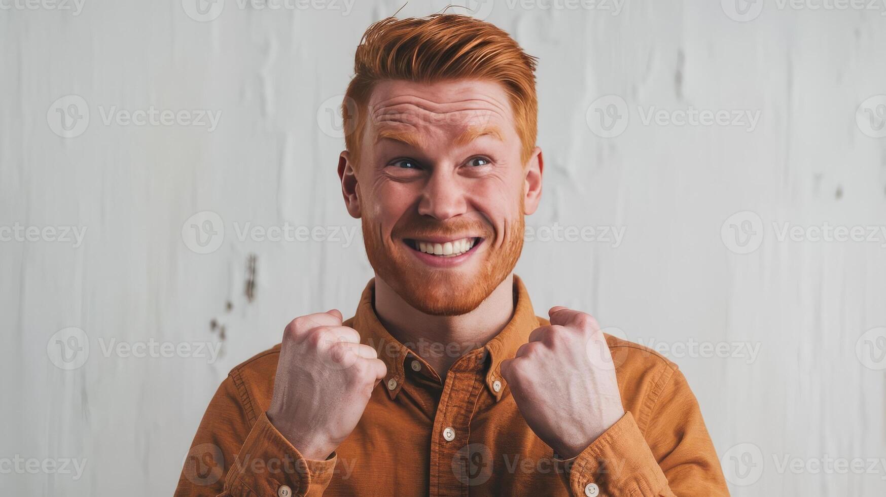 A man with red hair and a beard is making a fist photo