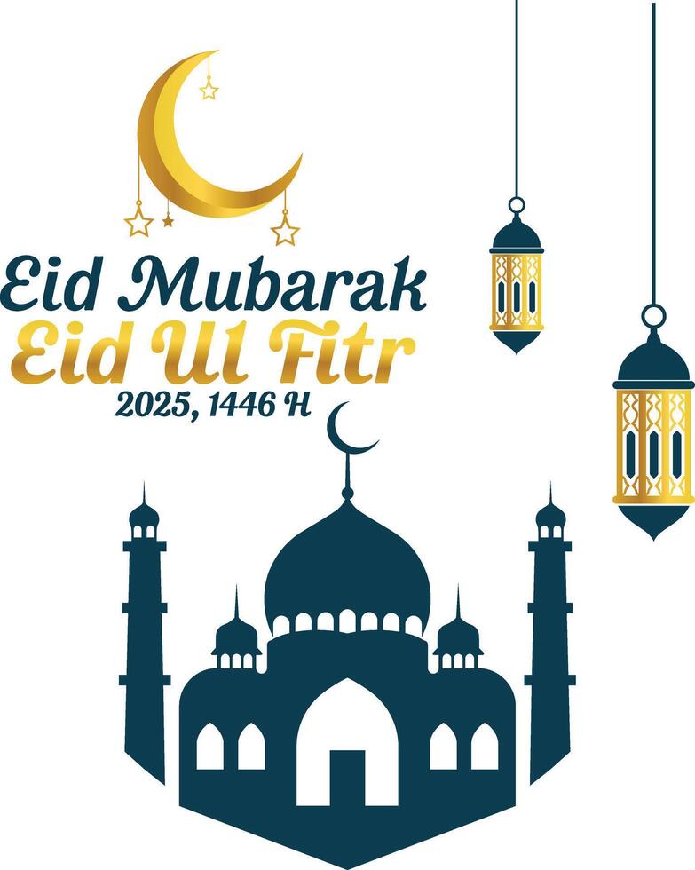 Eid Ul Fitr 2025 Celebration with Mosque, Crescent Moon, and Lanterns vector