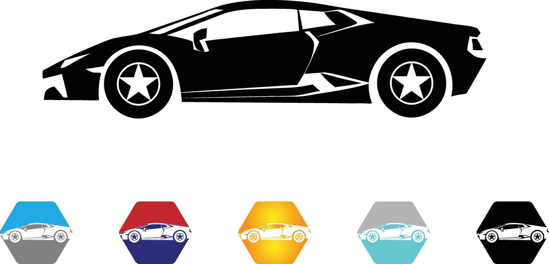 Luxury sports car silhouette, side view, with colorful badge variations vector