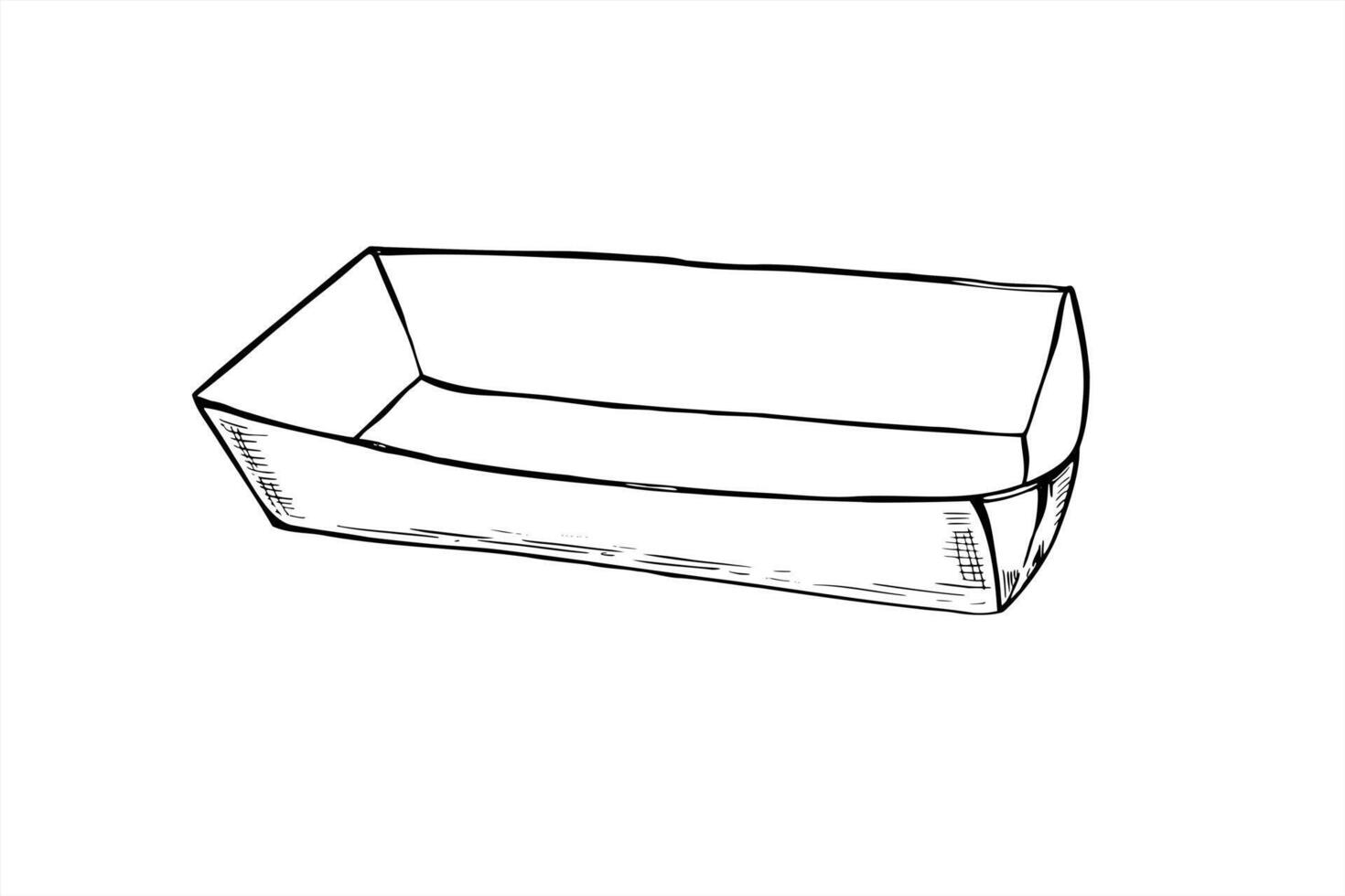 Empty craft small cardboard tray for fruit or fast food, chips and French fries line art black ink sketch. Monochrome disposable container line art etching. Snack package illustration vector