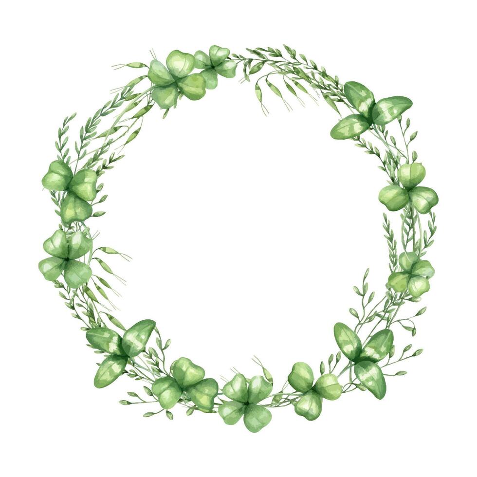 Watercolor clover leaves and field spikelet wreath isolated background. Hand drawn wildflowers and herbs illustration with copy space for text. Floral round frame greeting cards, wedding invitation vector