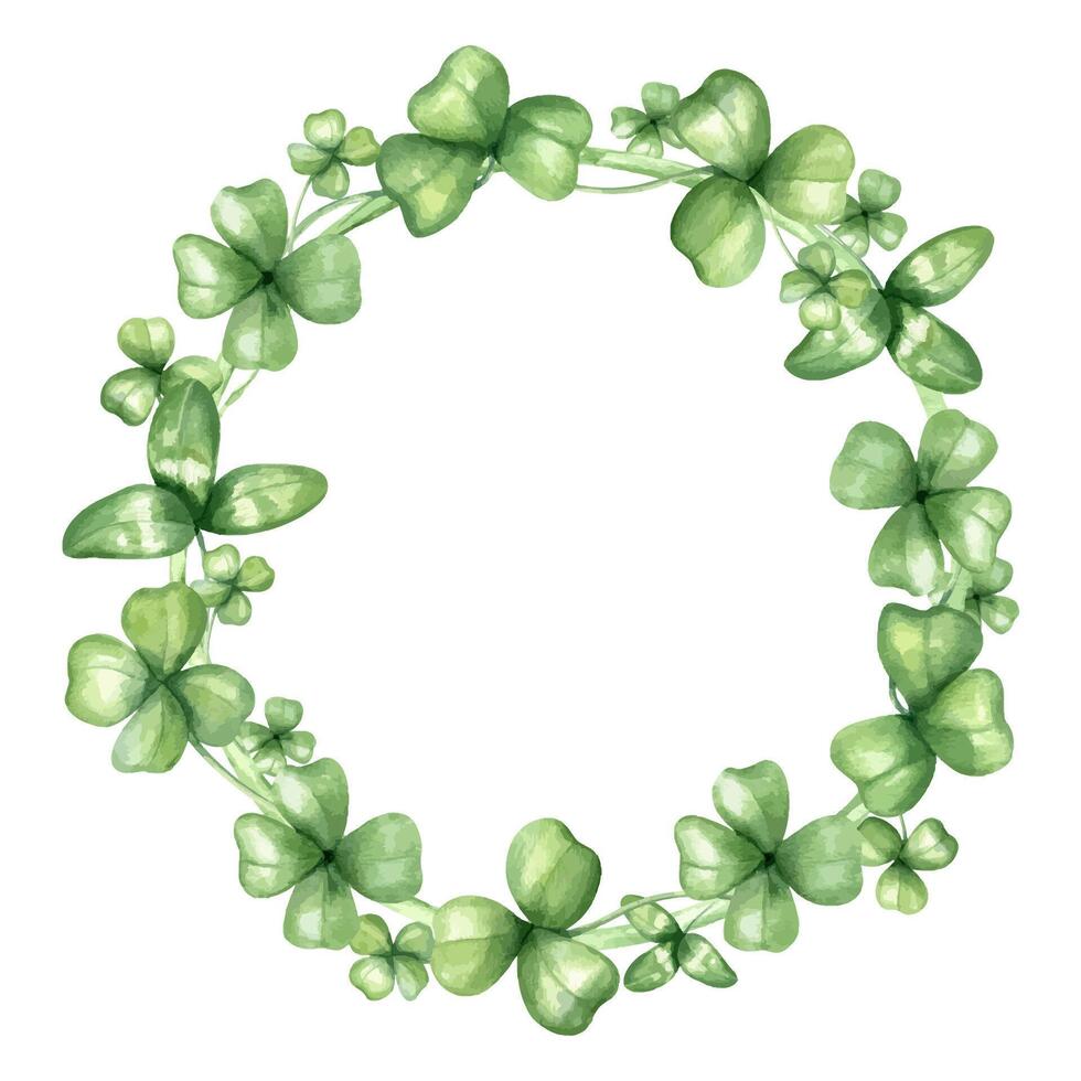 Watercolor four leaf and three leaf clover wreath isolated background. Green shamrock leaves round frame with copy space for text. St. Patrick day holiday, lucky symbol. For greeting card vector