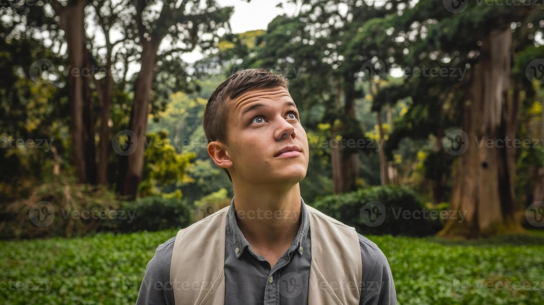 A young man looking up at the sky in a forest photo