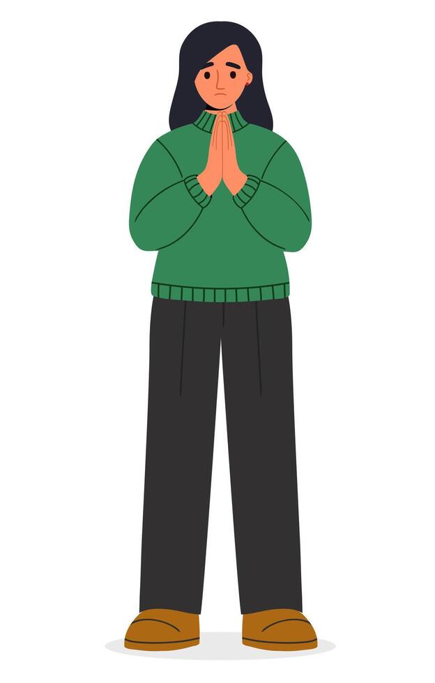 A young woman with dark hair prays with her hands folded in a gesture of apology vector