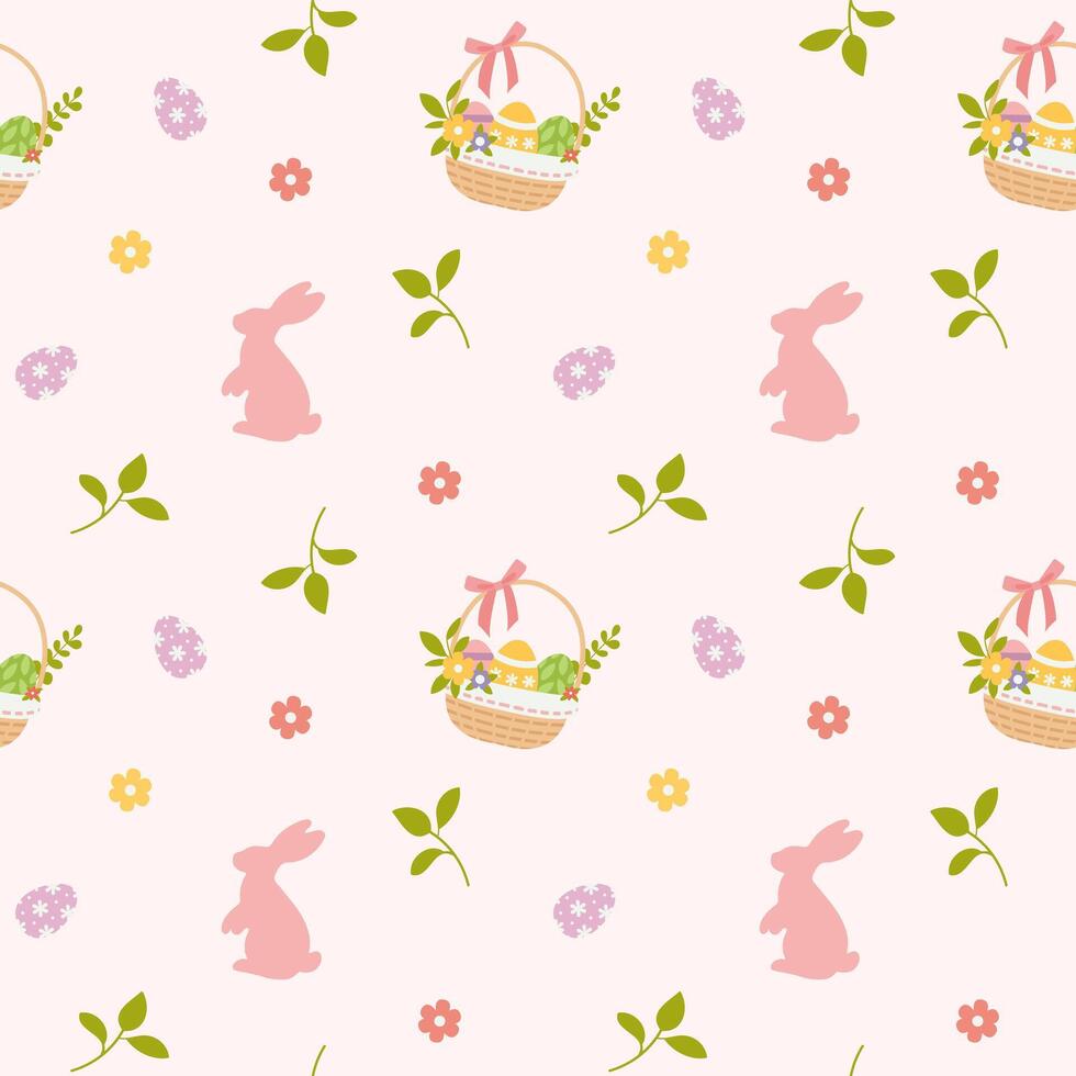Cute Easter seamless pattern with Easter eggs, baskets, bunnies and flowers vector