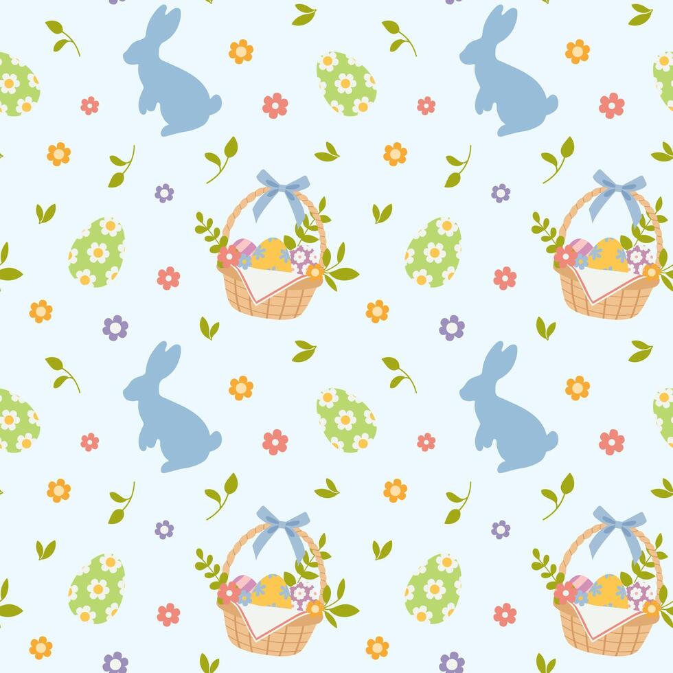 Cute Easter seamless pattern with Easter eggs, baskets, bunnies and flowers vector
