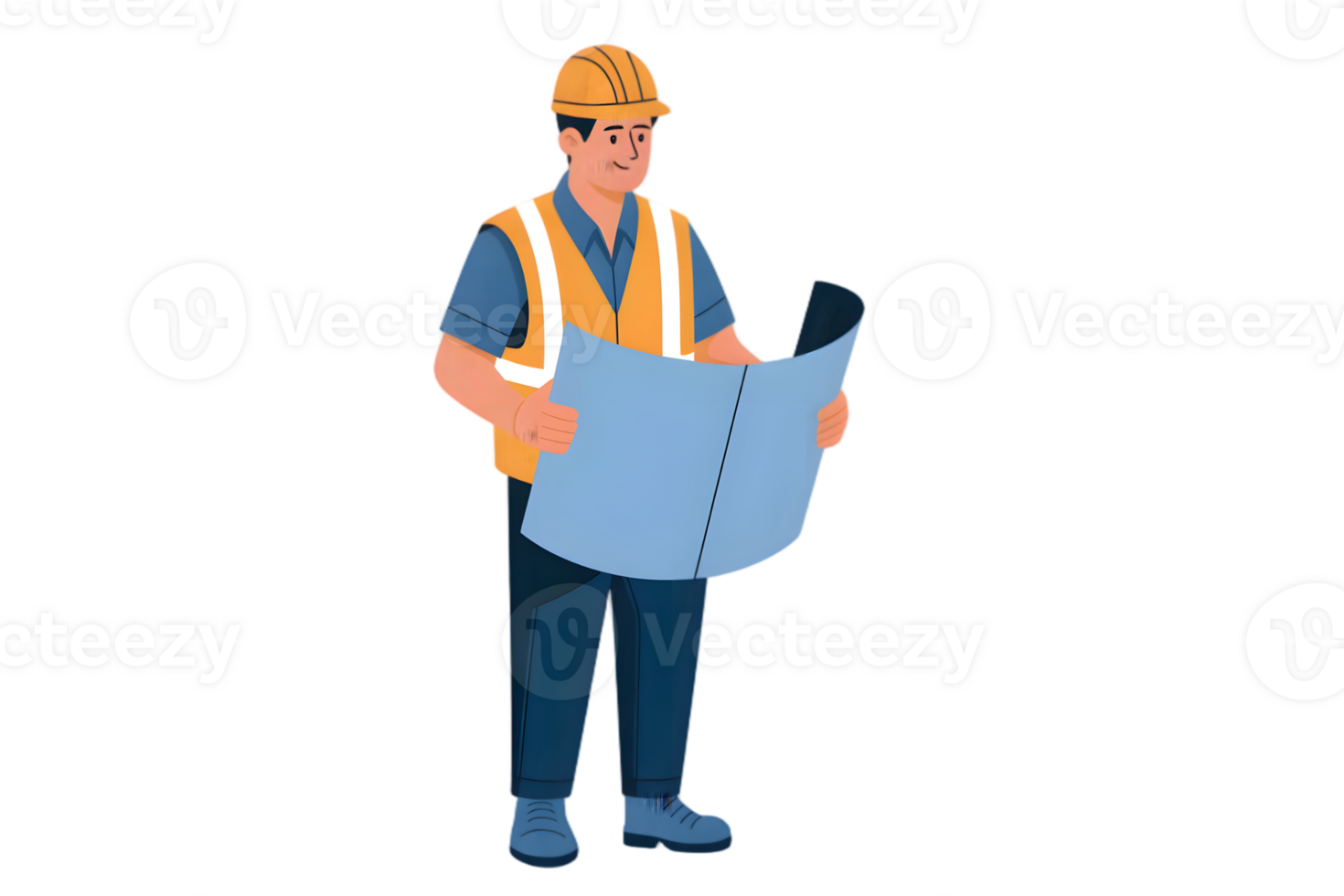 Construction worker reviewing blueprints, ready for use. png