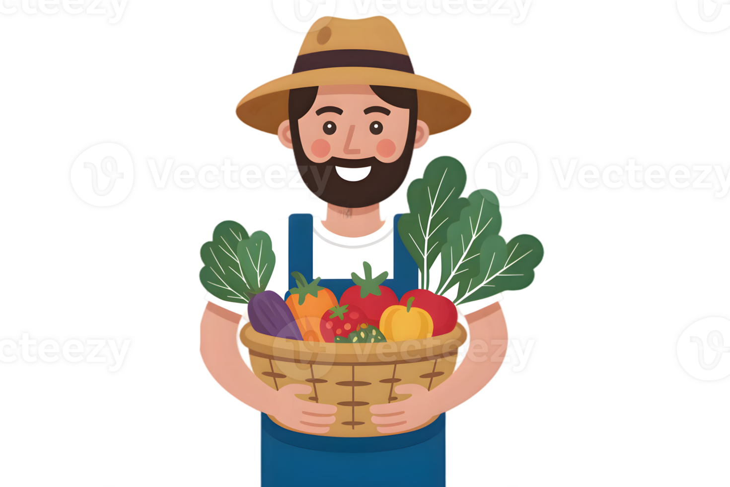 Happy Farmer Holds a Basket Full of Fresh Produce png