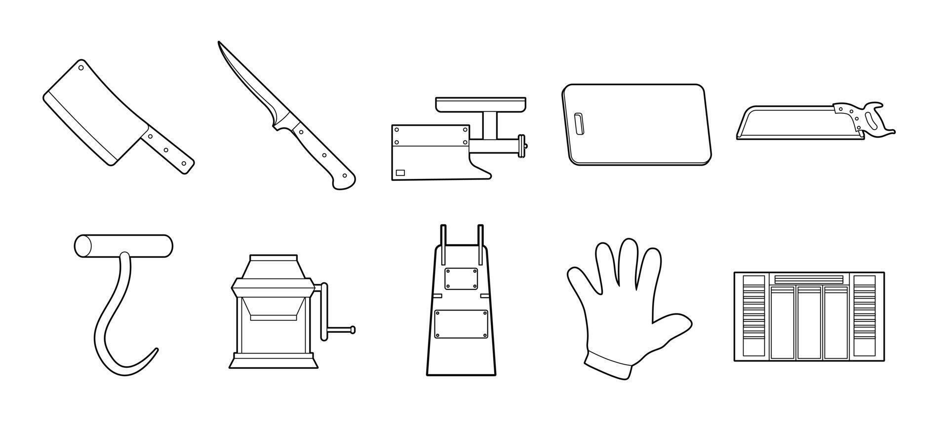 Butcher Tools and Equipment Set Outline Illustration vector