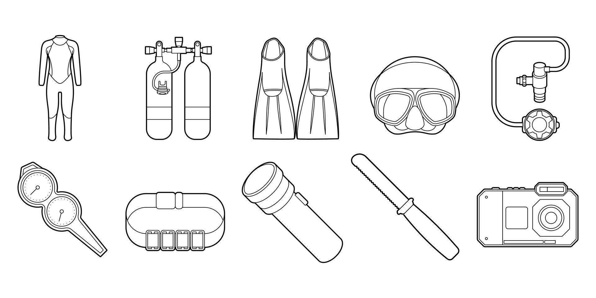 Diver Tools and Equipment Related Object Outline Set Illustration vector