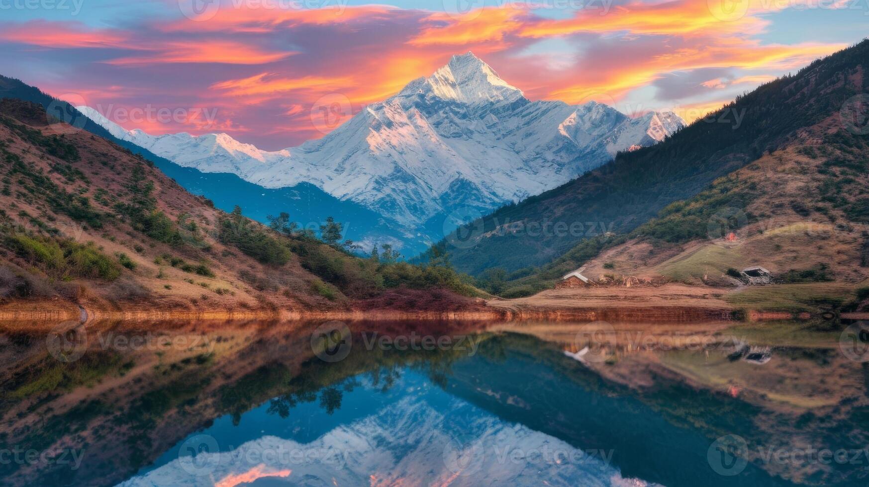 A mountain range is reflected in a lake photo