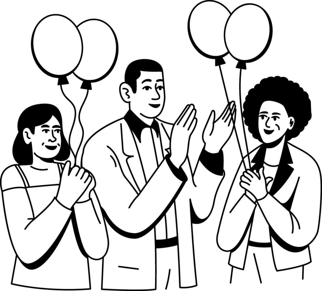 People clapping and holding balloons at a birthday party, glyph illustration vector