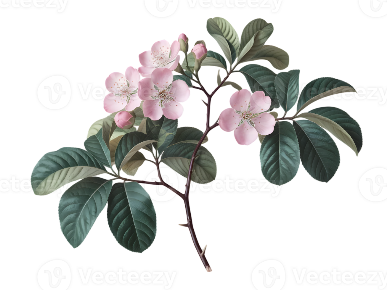 A close-up, detailed image of a flowering branch with soft pink blossoms and lush green leaves. png