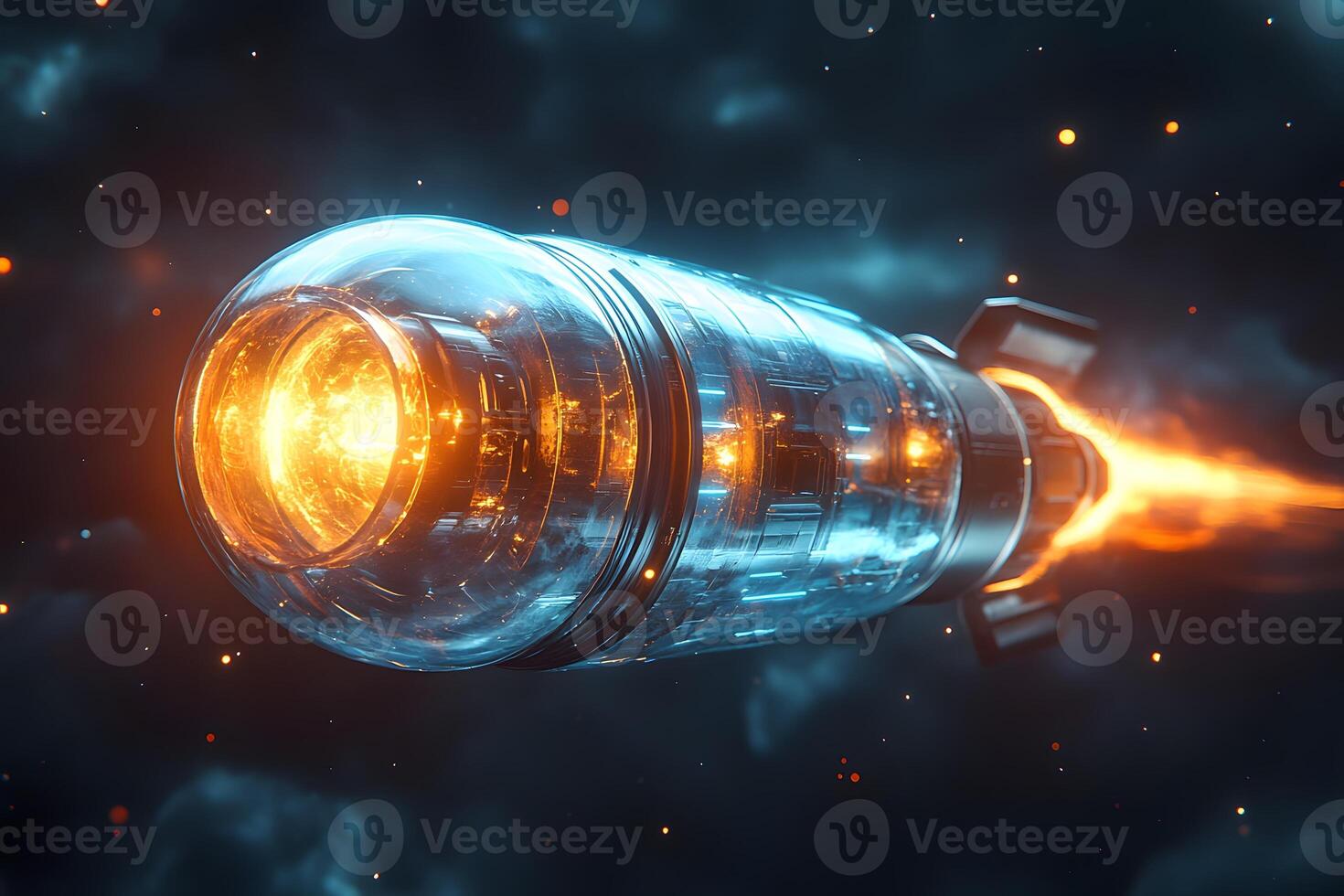 Futuristic Spaceship Rocketing Through Cosmic Space with Fiery Tail photo