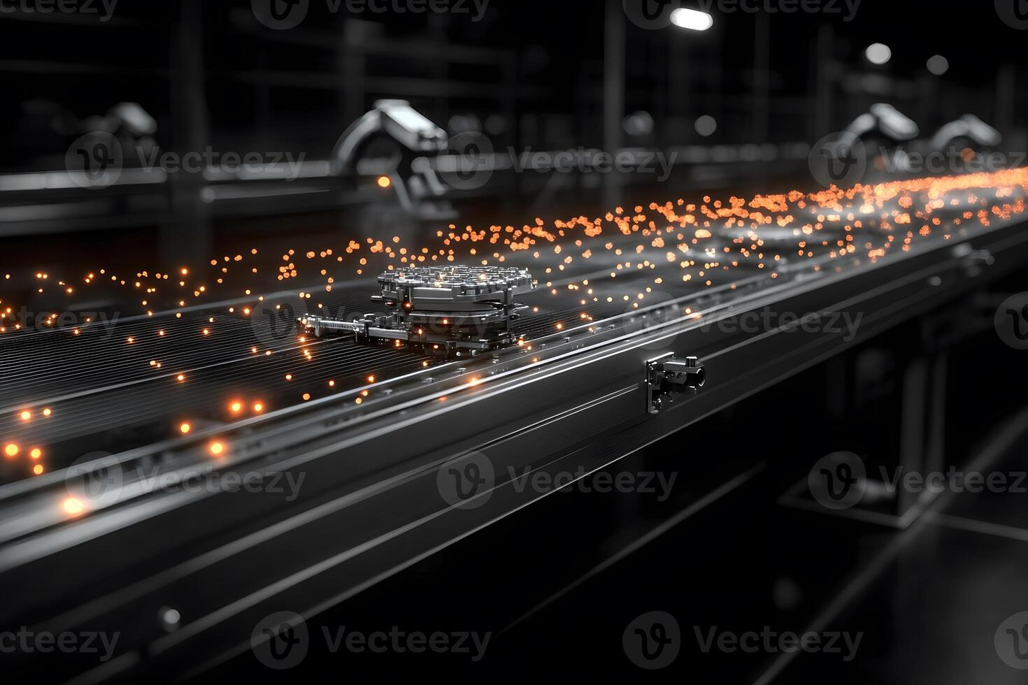Futuristic Automated Factory Conveyor with Glowing Particles for Technology Design photo