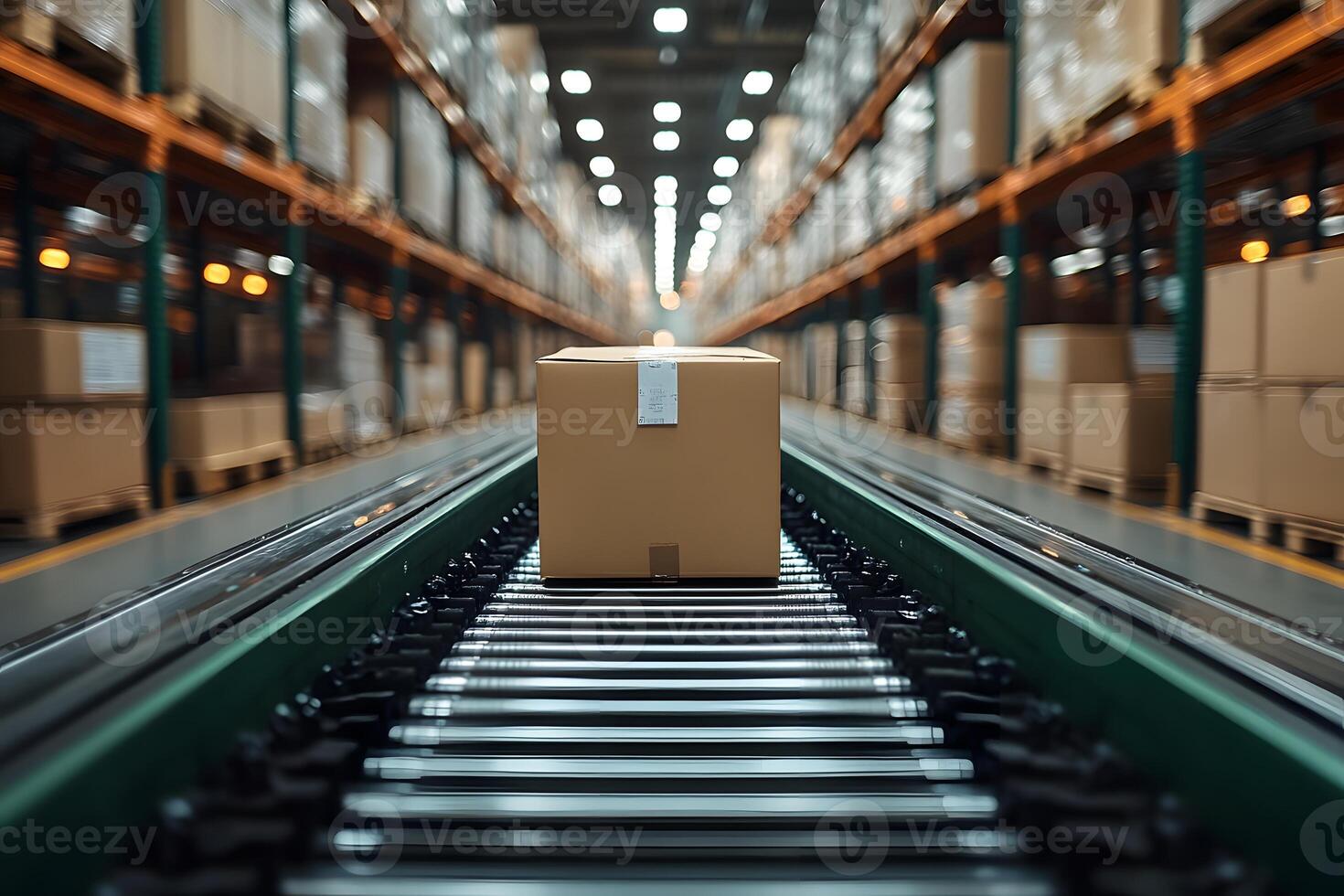 Automated Logistics Cardboard Box on Conveyor in Warehouse for Efficient Shipping Solutions photo