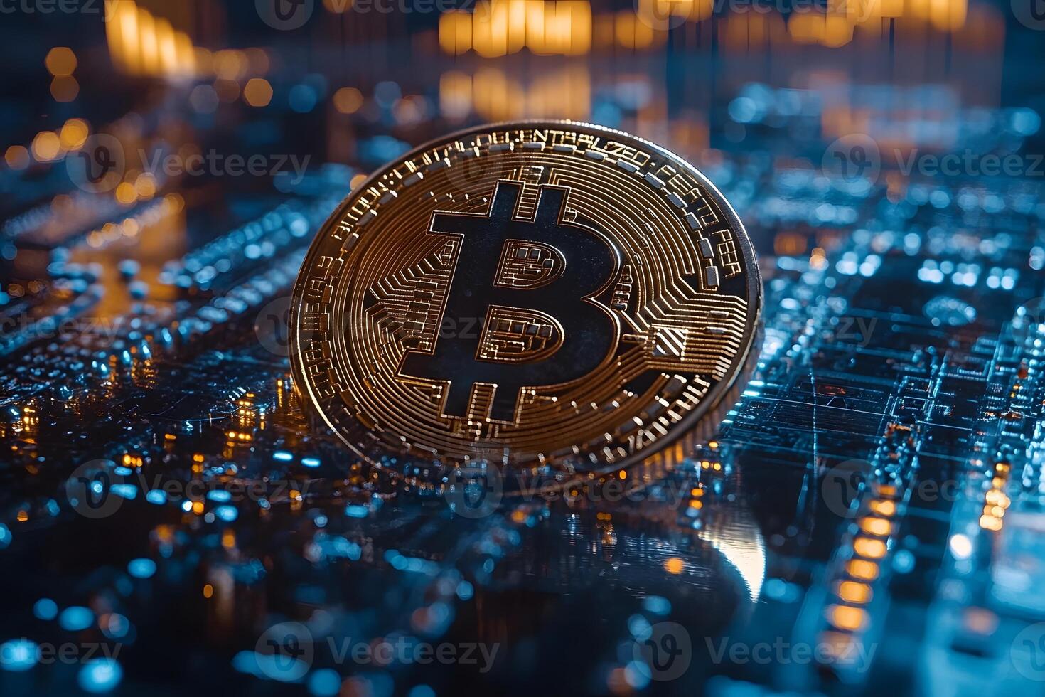 Bitcoin Cryptocurrency Over Circuit Board - Blockchain Technology Concept photo