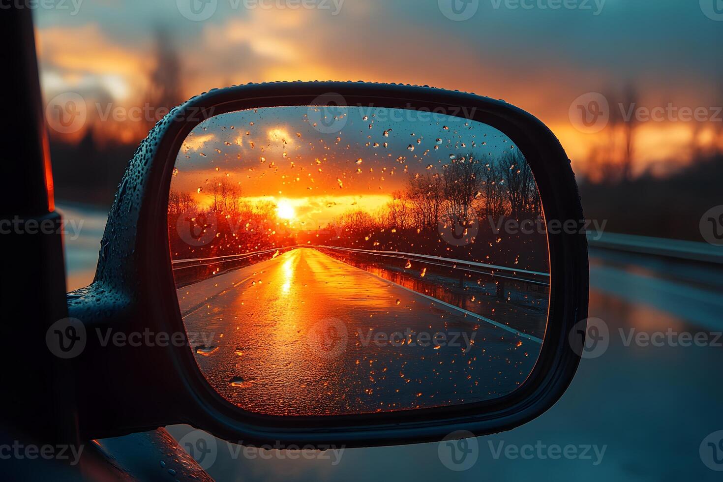 Reflective Journey at Sunset Rainy Road Through Rearview Mirror photo