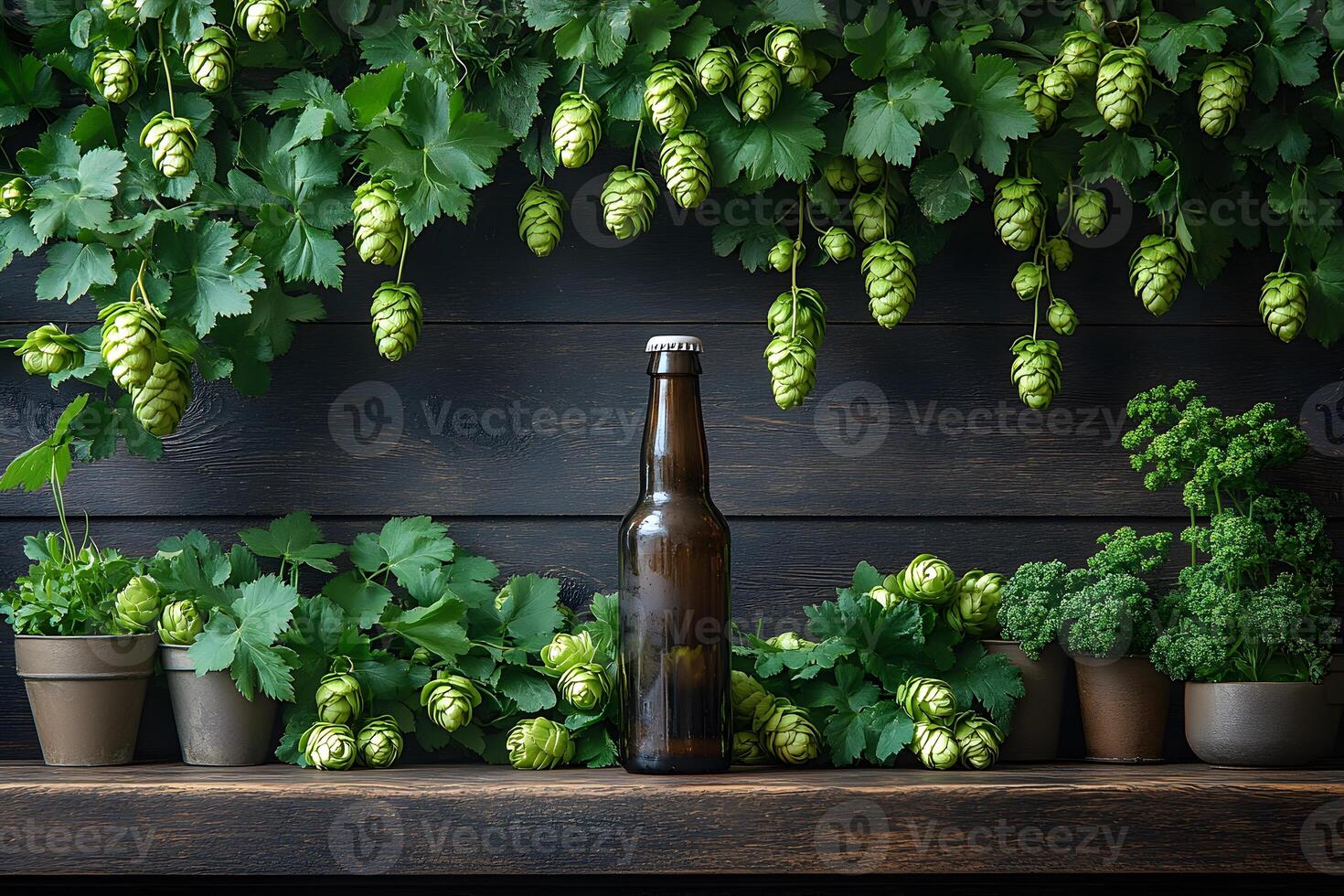 Craft Beer Concept Hop Plants and Beer Bottle Display for Home Brewing and Decor photo