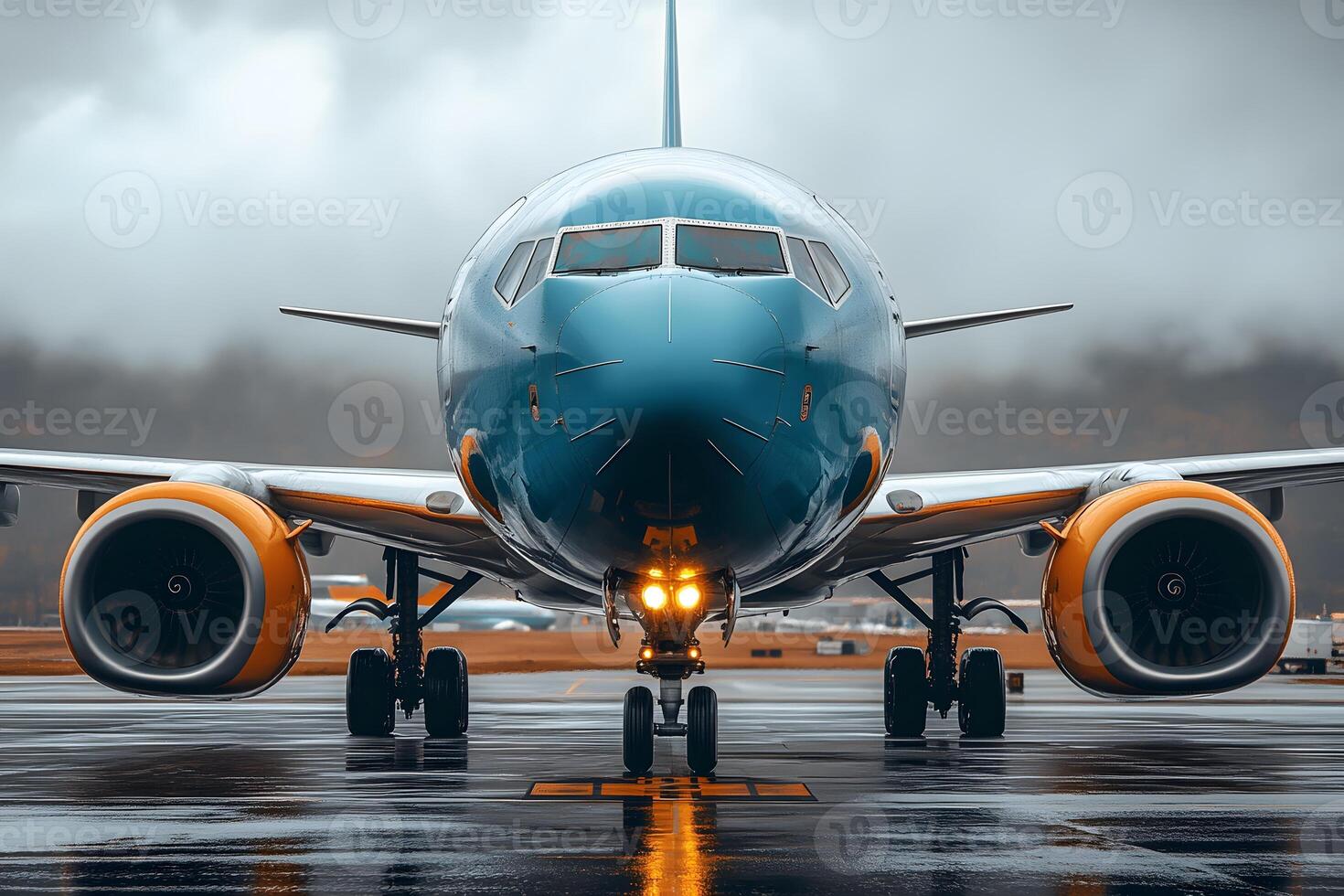 Airplane on Rainy Runway Aviation and Transportation Concept for Travel and Weather Themes photo