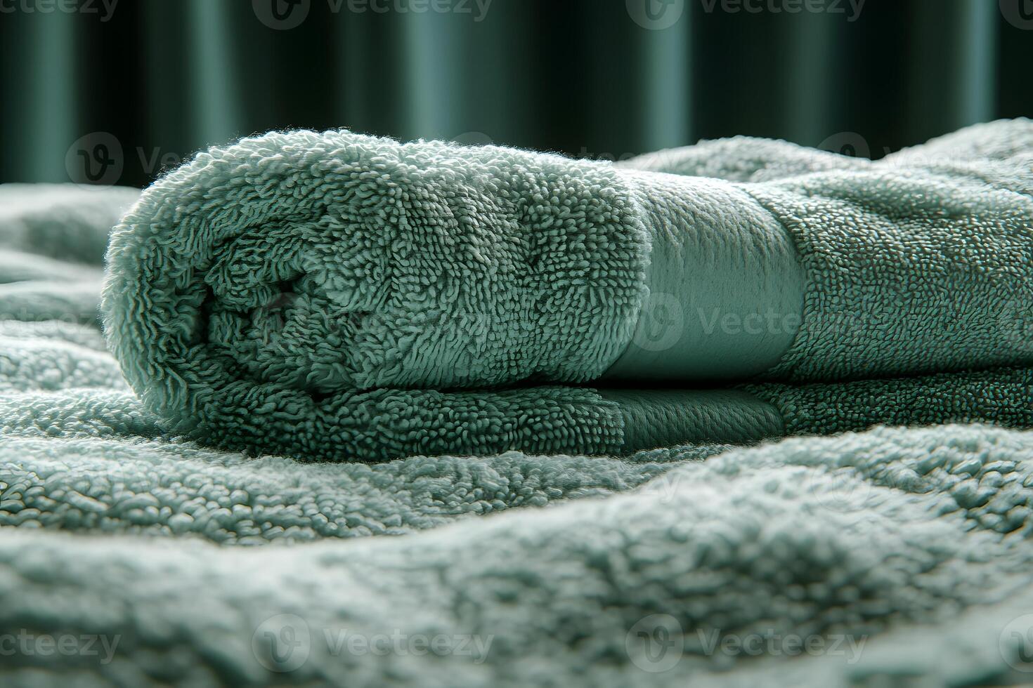 Luxurious Spa Experience Soft Mint Green Rolled Towel on Elegant Fabric photo