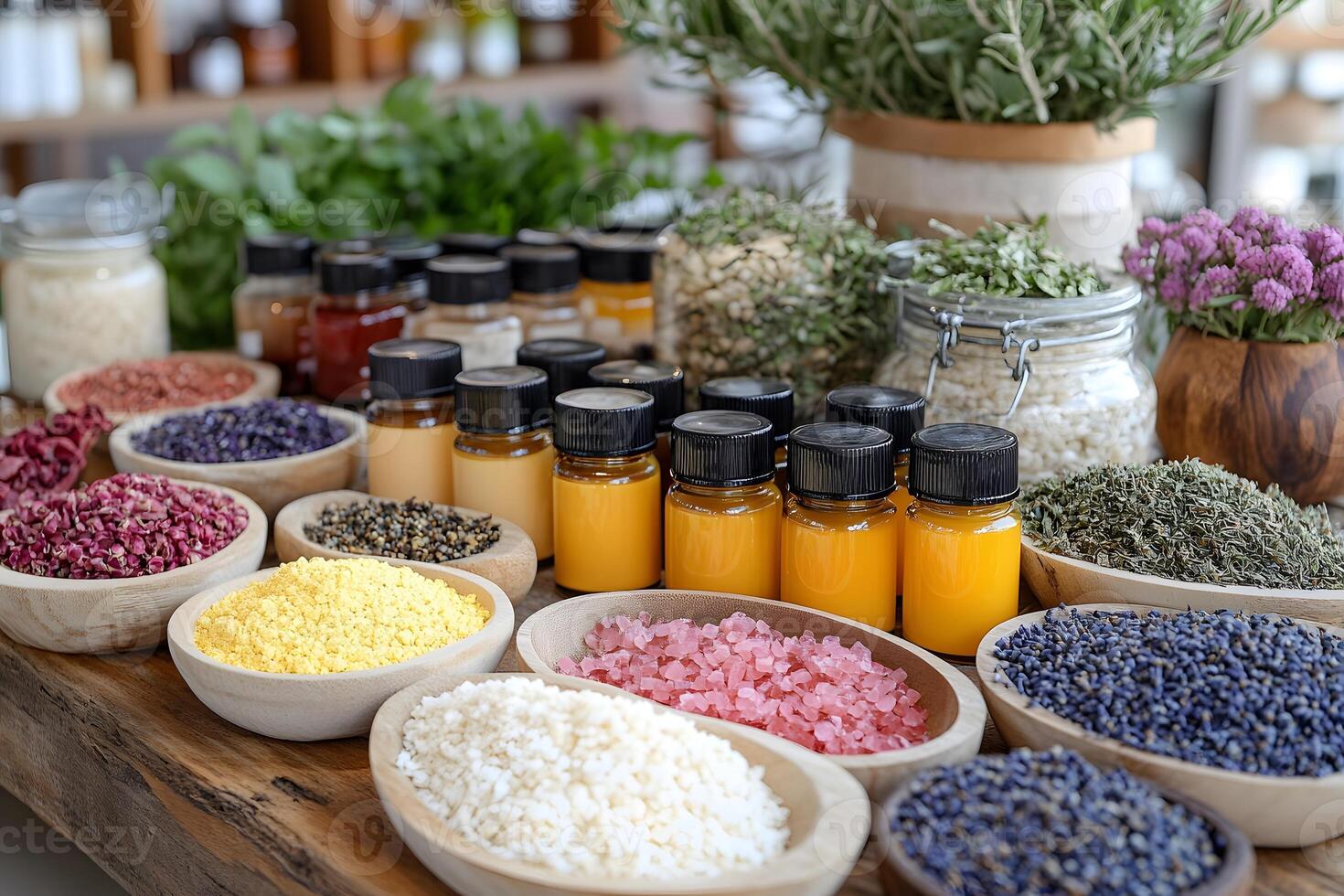 Aromatherapy Essentials Display Oils, Herbs, and Natural Ingredients for Relaxation and Wellness photo