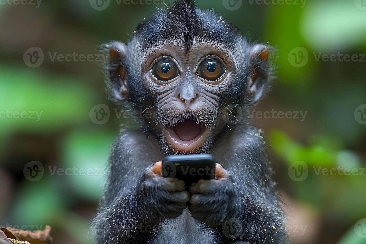 Surprised Baby Monkey Staring at Smartphone in Lush Jungle Environment photo