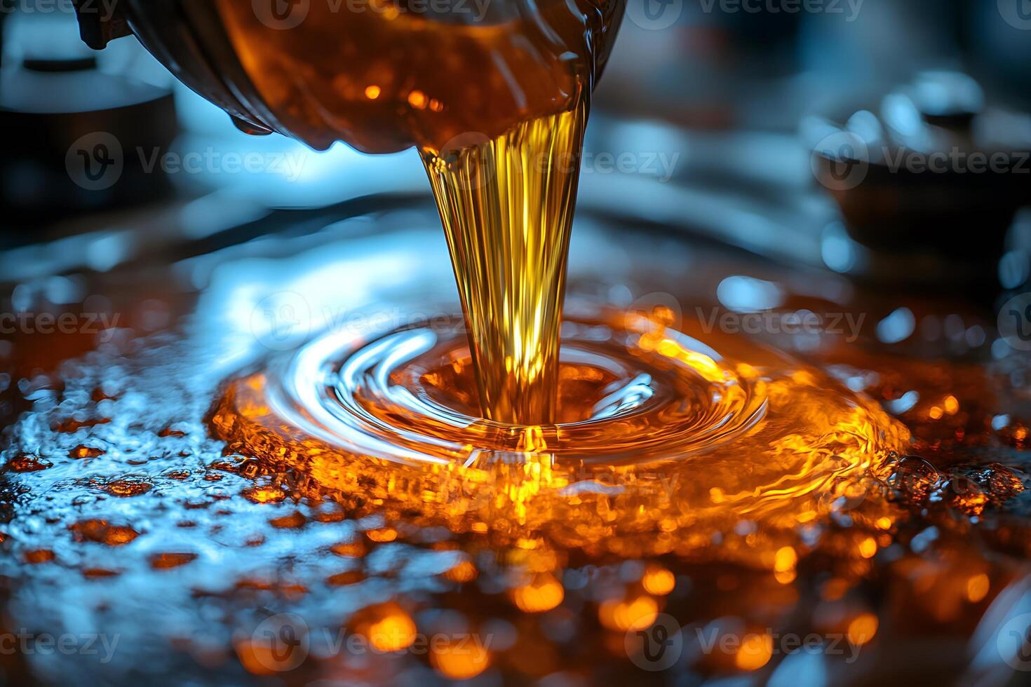 Stream of Golden Liquid Flowing into Shimmering Pool for Industrial Design photo