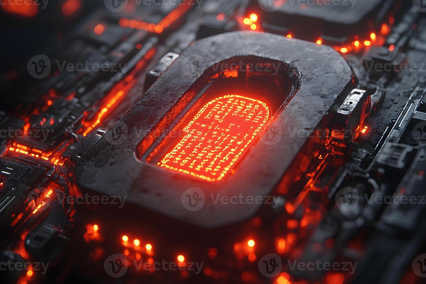 Futuristic Circuit Board with Glowing Red Microchip - Technology Innovation Concept photo