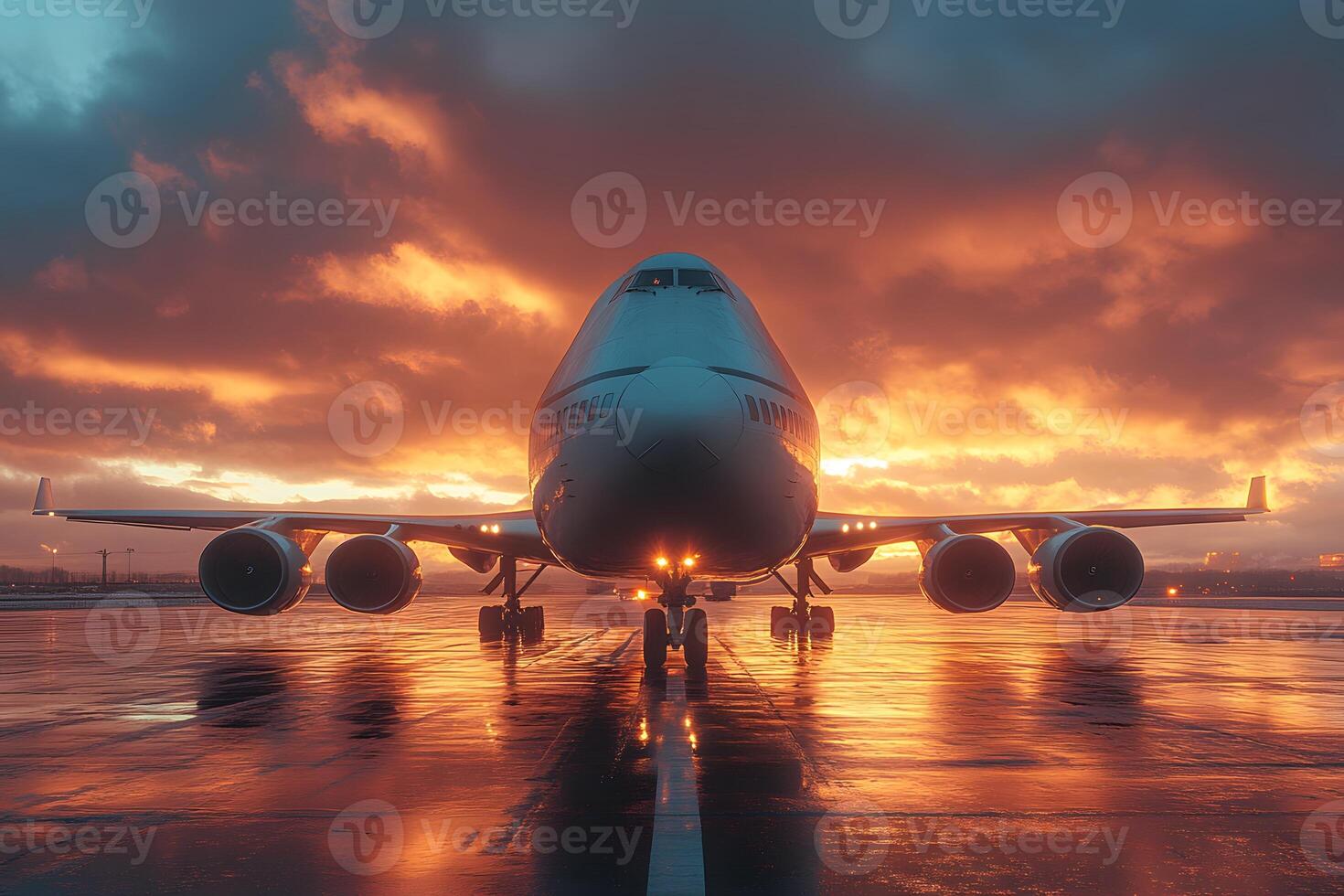 Majestic Airplane at Sunset on Wet Runway - Captivating Aviation Scene photo