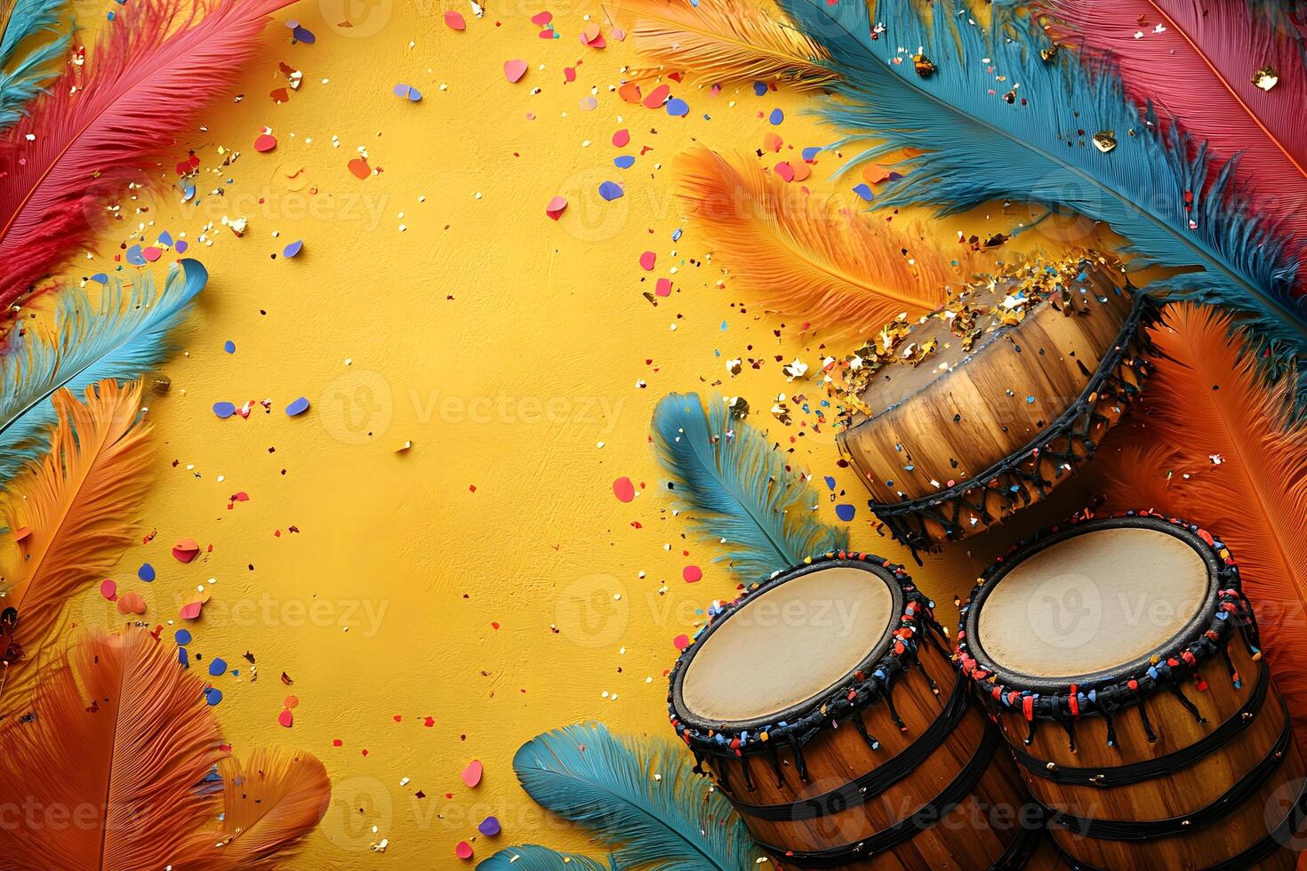 Vibrant Carnival Celebration Design with Drums, Feathers, and Confetti on Yellow Background photo